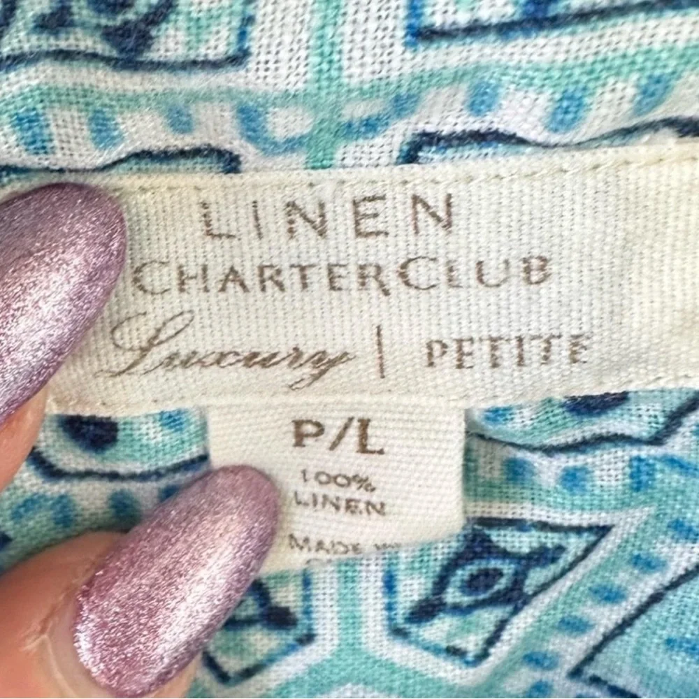 Charter Club Luxury Linen Button Down Long Sleeve Top Blue Large Petite - Picture 4 of 6